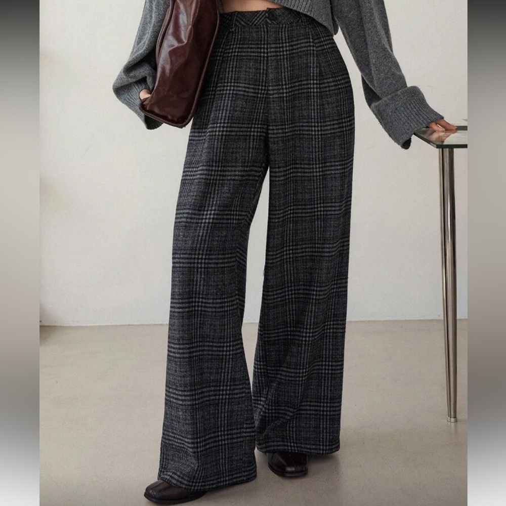 Dazy Black Plaid Wide-Leg Pants